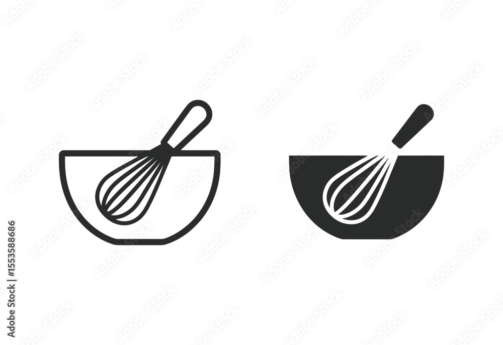 Poster two simple icons of a whisk inside a bowl in outline and solid styles