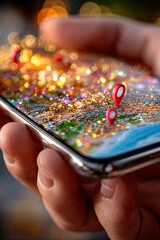 hand holding smartphone with map with location marks on blurred background. hologram