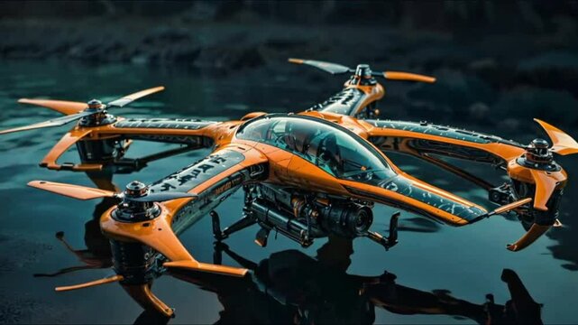 A drone with four rotors, one of which is closer to the viewer, giving it a sense of depth. The drone's body is sleek and aerodynamic, colored in shades of black and orange.