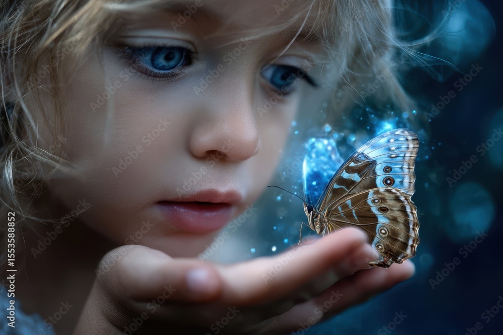 Aufkleber child interacts with butterfly in a magical forest setting during twilight hours