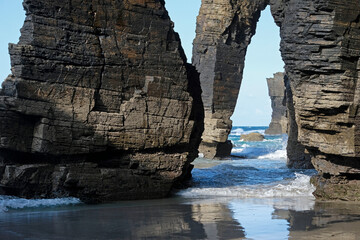 Rock formation at Playa de las Catedrales in Galicia, Spain