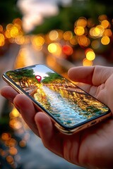 hand holding smartphone with map with location marks on blurred background. hologram