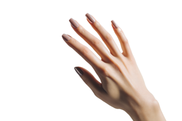 Feminine hand with nude gel manicure in soft studio light
