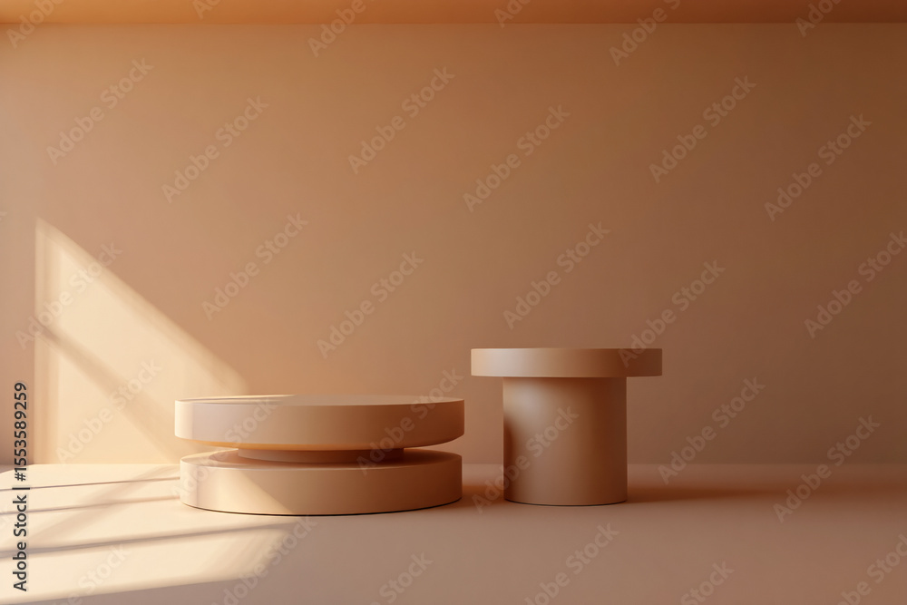Poster two beige podiums in a studio setting with soft light and a neutral background