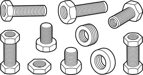 Isometric Vector Set of Bolts, Nuts, and Screws, Engineering Fasteners Illustration.