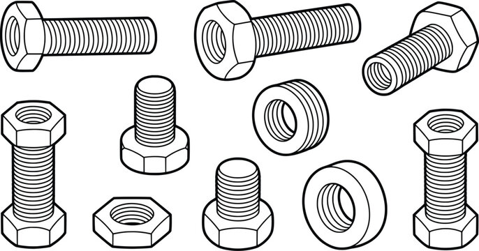 Isometric Vector Set of Bolts, Nuts, and Screws, Engineering Fasteners Illustration.