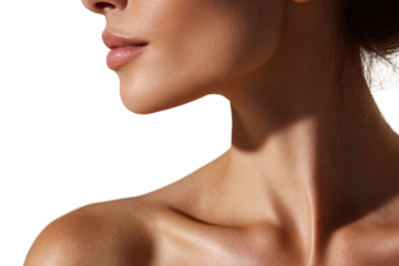 Closeup of woman’s collarbone and jawline in minimal beauty shot
