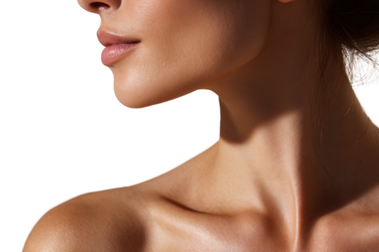 Closeup of woman’s collarbone and jawline in minimal beauty shot
