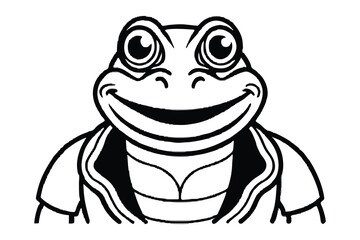 Outlined cartoon frog wears a stylish jacket and offers a friendly smile