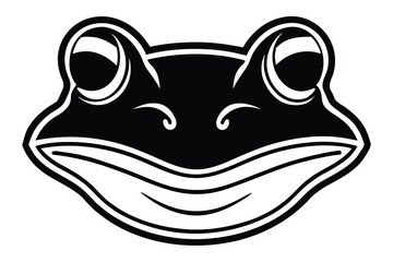 Black and white stylized frog face with a simplistic, symmetrical, and playful design