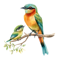 watercolor of A Mother Motmot With Her Kid, vector, isolated on a white background.