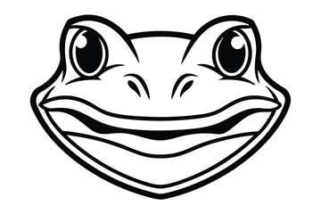 Black and white outlined frog face with large eyes displays a smiling expression