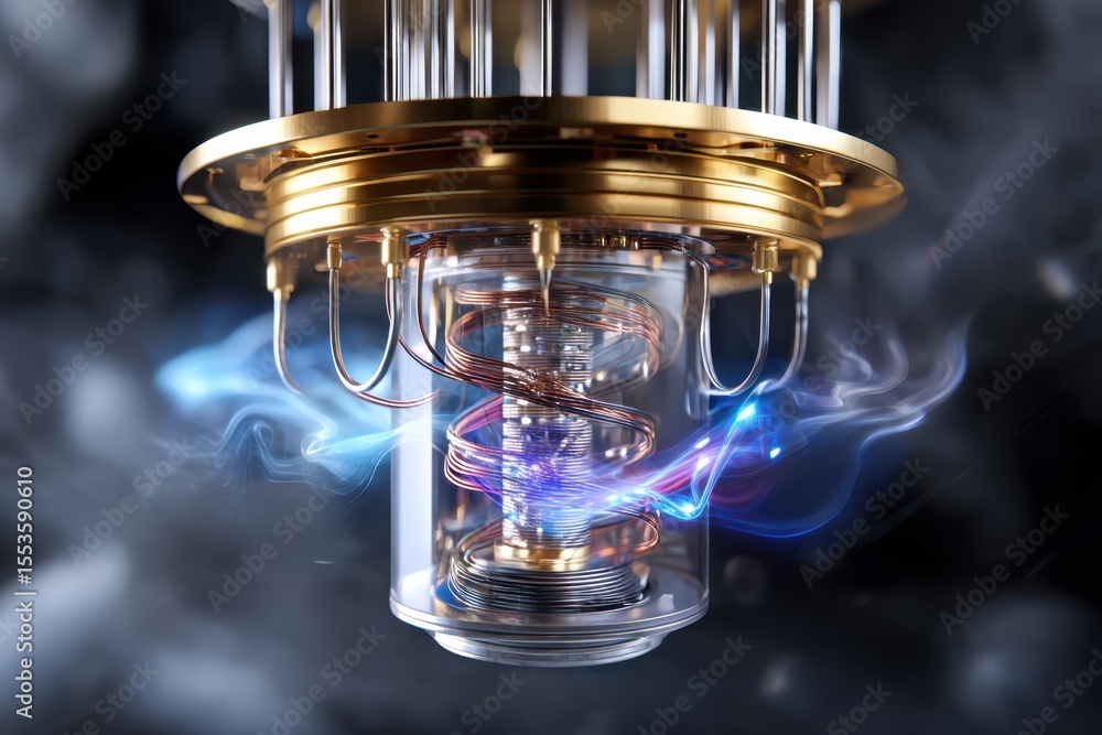 Poster quantum computing device with vibrant energy display in a high-tech laboratory environment