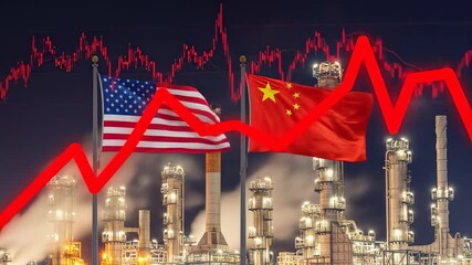 Global industrial growth and economic trends reflected by usa and china flags with stock market data overlay at night - Powered by Adobe