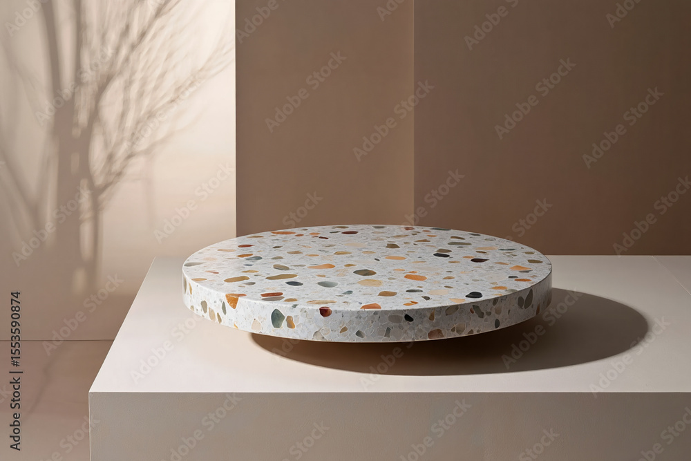 Poster a terrazzo round platform on a square base with a tree shadow on the wall