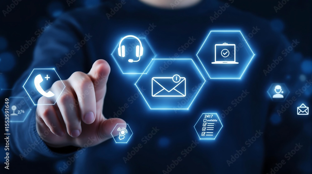 Poster customer service support technology concept with communication icons and digital interface design