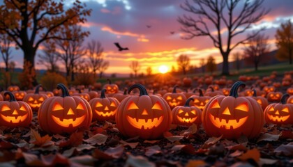 Pumpkins with carved faces glowing in field during sunset, surrounded by fallen leaves and bare trees, creating festive Halloween atmosphere with spooky sky and flying bat
