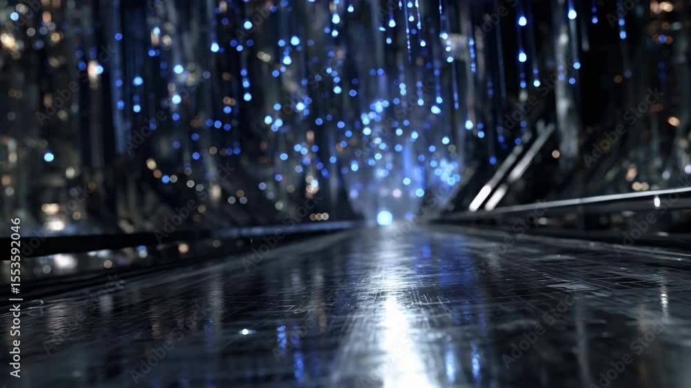 Poster A glittering tunnel with lots of blue and gold bokeh effects. Visualization of high tech and the future. Ideal for technology, data and cyberspace.