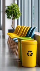 Bright indoor row of colorful plastic chairs and modern recycling bins in a sunlit corridor space, ideal for corporate sustainability visuals and eco-friendly office environment designs
