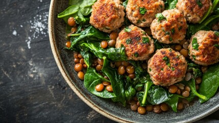 Healthy balanced plate with turkey meatballs, spinach, and lentils, nutrition and wellness concept generative ai