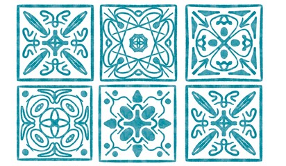 six tiles with blue watercolor patterns