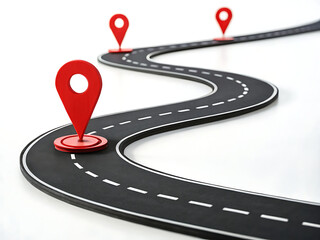 Winding road with red location markers indicating destinations on a white background surface