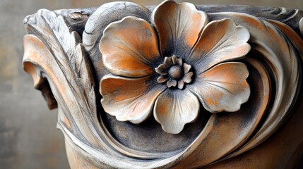 Ornate flower design on a sculpted pottery vase.