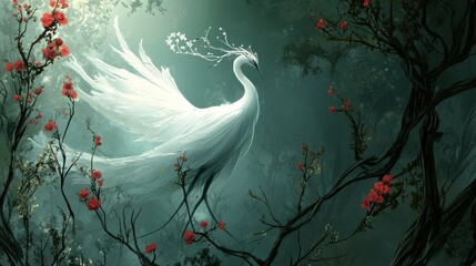 Majestic white bird amidst a mystical forest.
