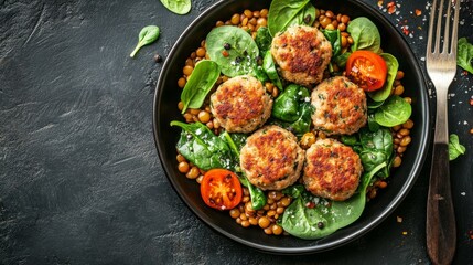 Healthy balanced plate with turkey meatballs, spinach, and lentils, nutrition and wellness concept generative ai