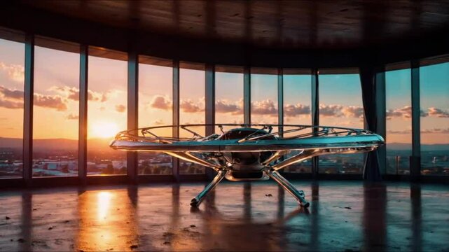 A futuristic and metallic-looking aircraft inside a spacious room with large windows, allowing a view of a cityscape and sunset outside. The aircraft appears to be a concept design for an advanced fly