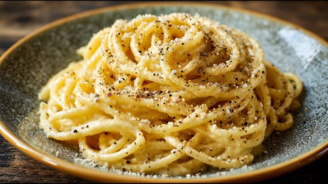 Minimalist Cacio e Pepe on a White Plate with Fork

