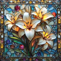 Beautiful detailed stained glass artwork of white lilies with colorful jewels in high resolution photo