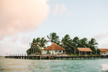 Waterfront hut surrounded by swaying palm trees on a breezy day in a tropical paradise