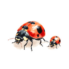 A Mother Ladybug With Her Kid, watercolor painting vector, isolated on a white background.