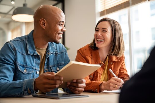Two smiling colleagues discuss a project during a meeting in a modern office