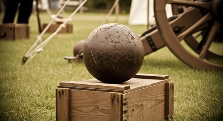 Vintage 1800s cannonball on wooden crate, Civil War reenactment, sepia-toned historical photo style