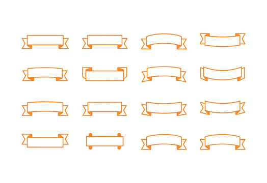 Collection of sixteen orange outline banner and ribbon shapes on white background