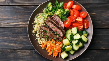 Healthy lunch plate with lean beef, quinoa salad, and steamed vegetables, balanced meal generative ai