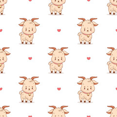 Seamless pattern Cute Little Goat with Bell. Happy Funny Farm Animal