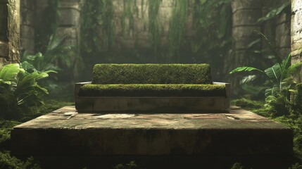 Moss-covered sofa in a jungle-like setting.