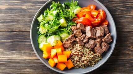 Healthy lunch plate with lean beef, quinoa salad, and steamed vegetables, balanced meal generative ai