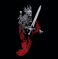 Vector square illustration in gothic style. Stylized skeleton in crown and velvet cape holds old sword in hands