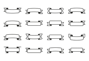 Collection of sixteen black and white simple ribbon banners for design elements