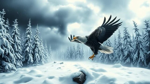 Bald eagle hunting over snowy winter landscape