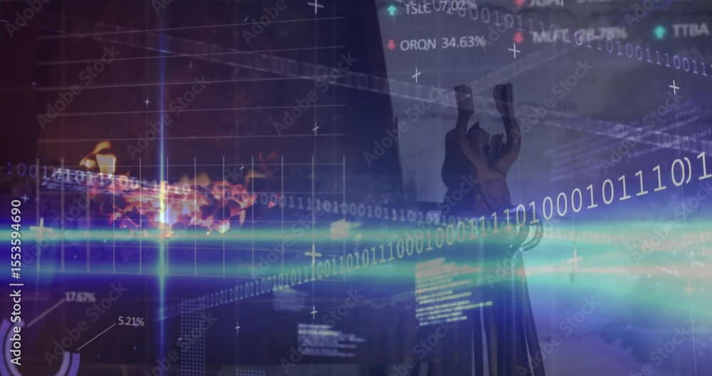 Poster binary code scrolling and scanlines sweeping starting graph animating over statue showing finance