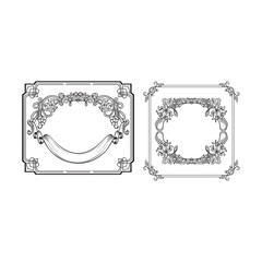 Two ornate, decorative frames, one rectangular with a banner, the other square, both featuring floral and scrollwork elements.