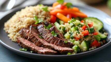 Healthy lunch plate with lean beef, quinoa salad, and steamed vegetables, balanced meal generative ai