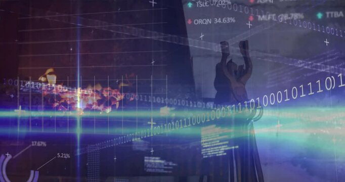 Binary code scrolling and scanlines sweeping starting graph animating over statue showing finance