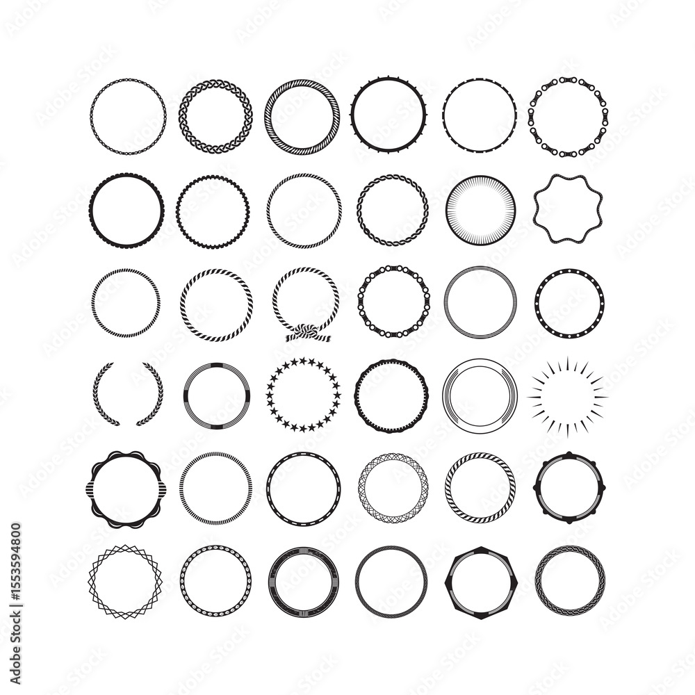 Poster a collection of forty-two circular frames and borders with varying designs, arranged in a grid patte