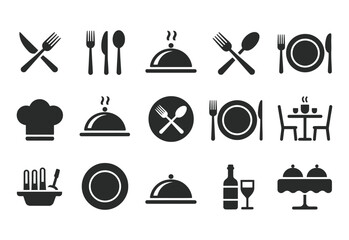 Collection of restaurant and dining icons including cutlery plates and serving dishes